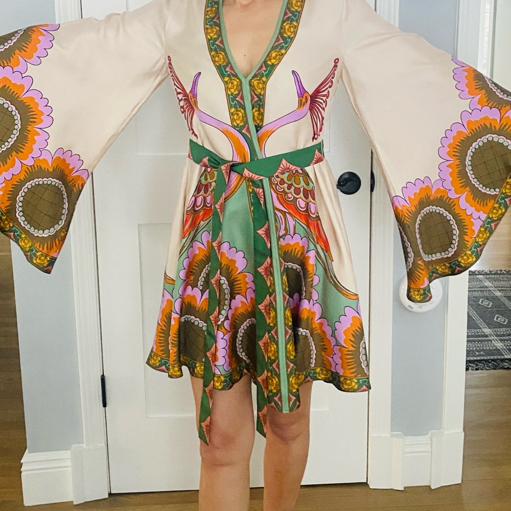 La DoubleJ Whimsy Festival Boho Luxury Silk Mini Dress peacock design Size L